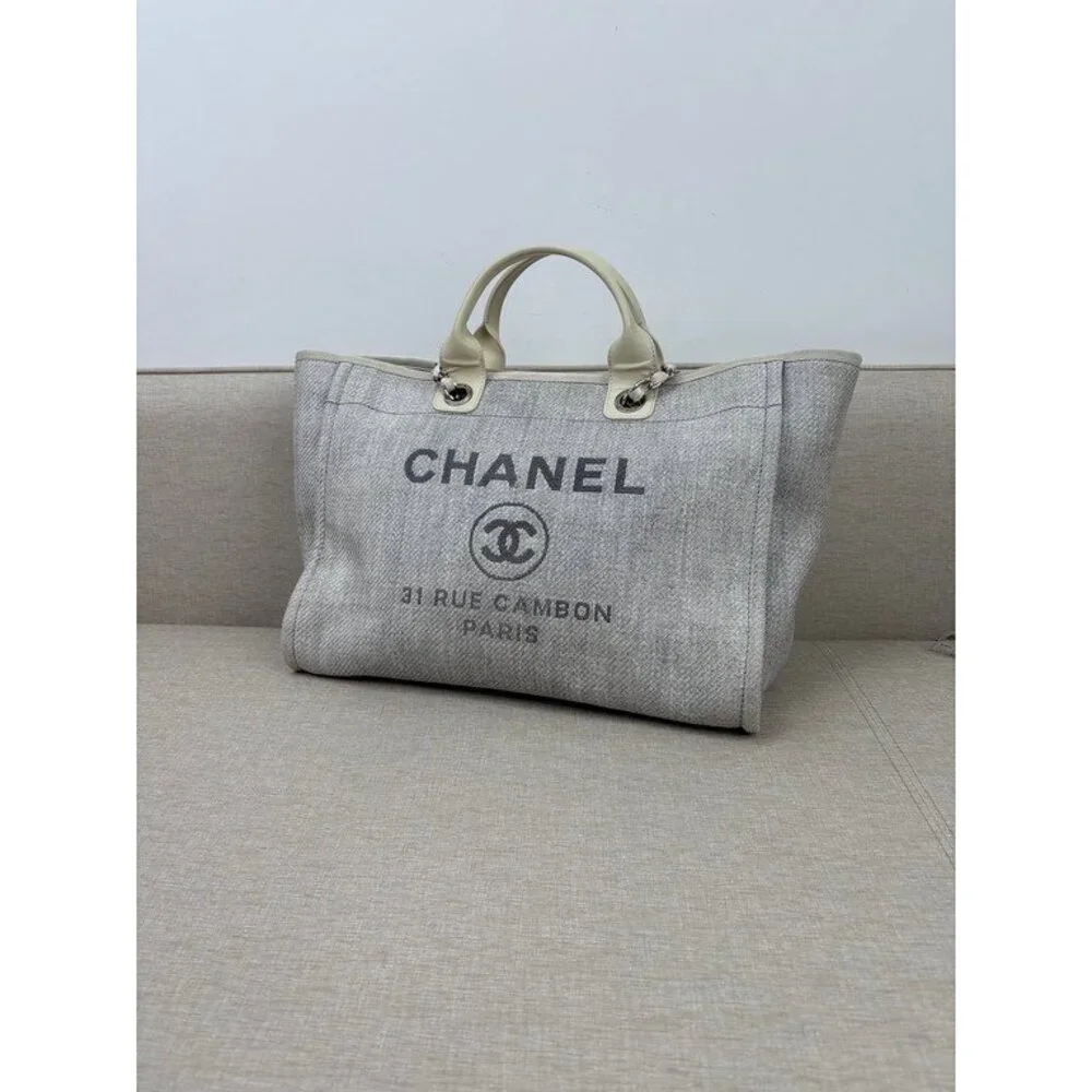 CHANEL Grey Raffia Deauville Shopping Bag Medium SHW